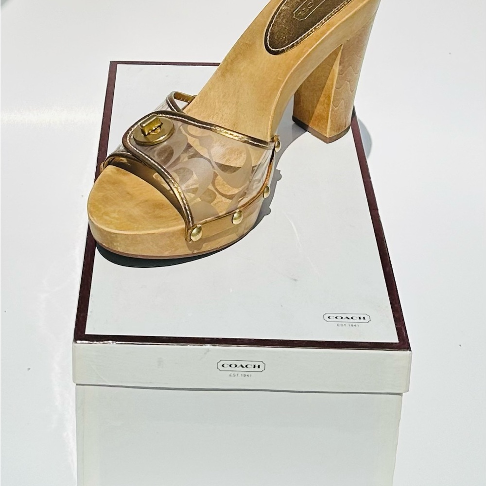 Coach Women's Clear and Gold Wooden-heel Sandals size 9.5